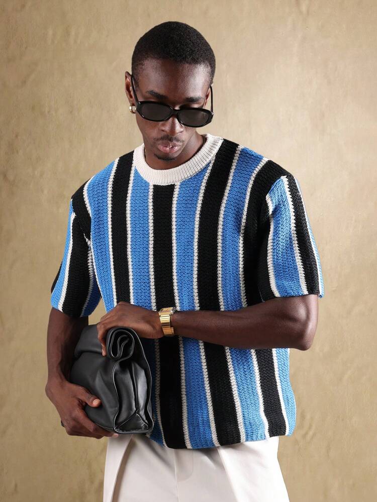 Retro Striped Relaxed Fit Short Sleeve Knitted Pullover