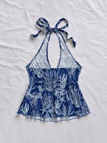 Soleia Women's Casual Vacation V-Neck Bowknot Halter Backless Babydoll Top, Suitable For Vacation & Summer Suitable For Going Out - Blue - View 2