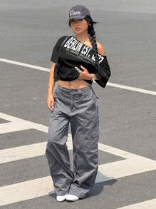 SHEIN EZwear 女士休闲宽松柏林墙图案短袖圆领T恤 - 黑色 - 查看 5