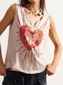 Bohemela 波西米亚风格度假休闲心形印花针织修身背心 - 杏色 - 查看 1