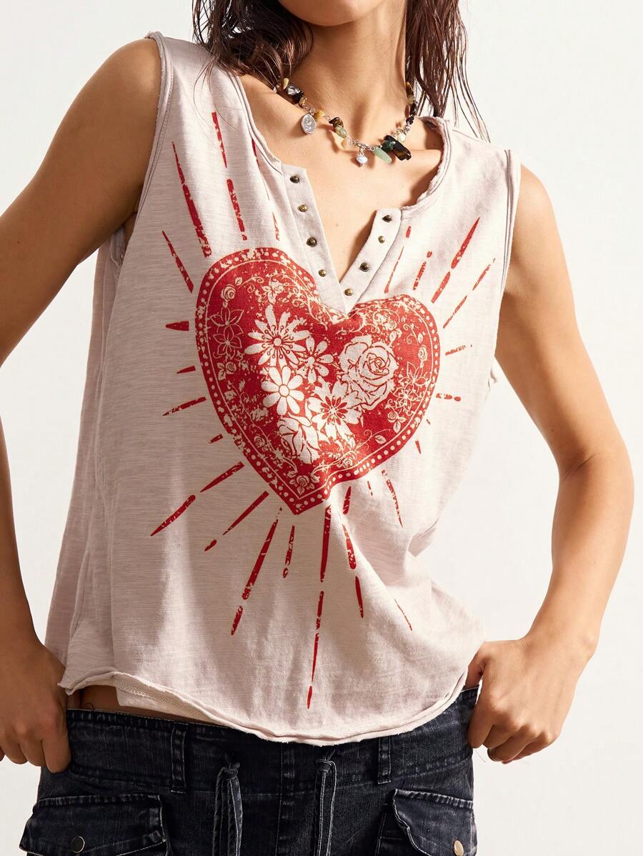 Bohemela 波西米亚风格度假休闲心形印花针织修身背心 - 杏色 - 查看 1