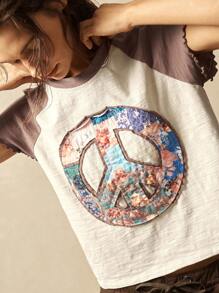 Bohemela Áo thun nữ tay ngắn Raglan dệt kim cổ điển họa tiết dấu hiệu hòa bình thường ngày - Màu be - Xem 4