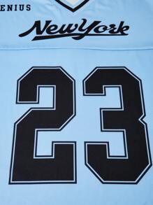 SHEIN ChillGRL 少女春夏时尚数字图案 V 领短袖上衣 T 恤搭配纯色工装裤两件套 - 藍色 - 查看 3