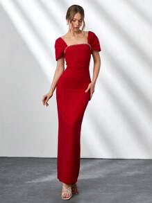 CLARA VERO Elegant Style, Square Neck With Faux Diamond Detailed Long Black Dress - Red - View 5
