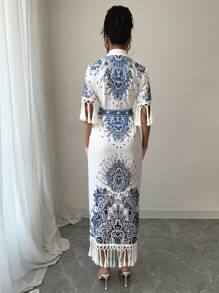 SHEIN Unity Round Neck Side Slit Hem Print Long Dress For Women - Blue - View 2