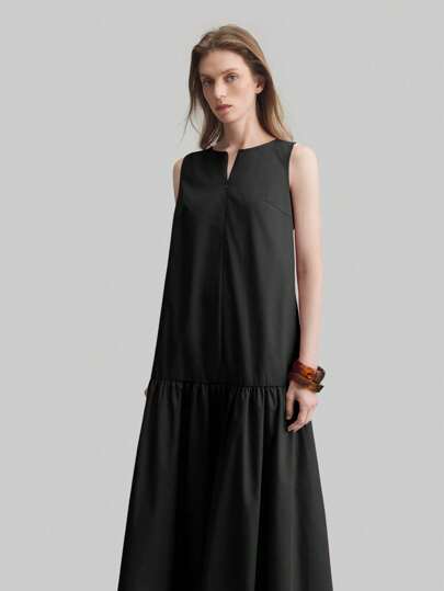 Ontre Vestido sin mangas negro con cuello redondo y corte campana, elegante y casual para primavera y verano, modelo 2026 nuevo. Vestido largo sin mangas de unicolor, estilo urbano y chic, para damas