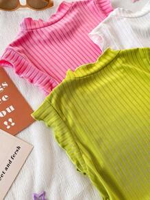 3pcs/Pack Tween Girl Casual Elegant Basic Camisole Multi-Pack, Knitted Vest With Ruffle, Bow Decor In Pink, Green, White, Suitable For Outing, Vacation, Casual Wear, Spring/Summer Ribbed Summer Tops Summer Tops For Girls, School, Campus, College - Multicolor - View 4