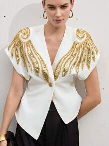 2026 Modichic Blusa de verano con hombros acolchados, con cuello en V, manga corta, bajo asimétrico, contrastes de color y bordados florales con cuentas para uso versátil y diario - Multicolor 2 - Ver 11