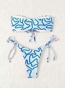 Swim Mod Printed Random Circle Decor Bandeau Twist-Front 2pcs Bikini Set For Summer Beach Vacation - Blue - View 2