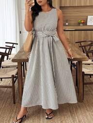 Weeklong Plus Size Women Striped Crew Neck Sleeveless Tie-Waist Casual Dress