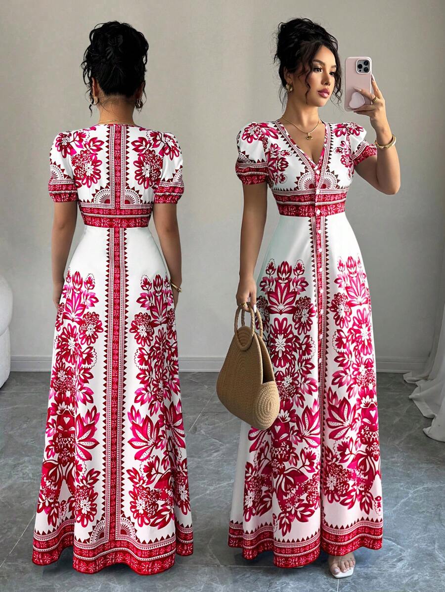 Elenzga Nuevo vestido de tela estampado con cuello en V, manga abultada y cierre en la cintura para mujeres, elegante y estilizador, adecuado para el estilo de Oriente Medio