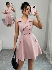 Elenzga Vestido corto sin mangas de primavera/verano con cuello de camisa, de doble botonadura, cinturón y falda acampanada con decoración de bolsillos falsos, de unicolor, para mujer, elegante y casual, para la oficina o vacaciones, en estilo francés