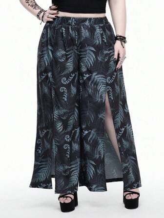 Goth Pantaloni lunghi da spiaggia da donna taglie forti con stampa foglia gotica su tutto, vita elastica e gonna spaccata, ideali per le vacanze
