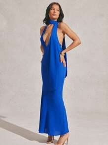 Hauture Women's Sexy Summer Blue Low Front And Cowl Back Long Mermaid Dress - Blue - View 4