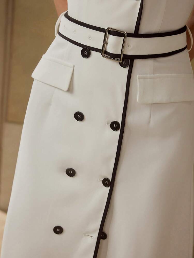 CONTRAST BINDING DOUBLE BREASTED BELTED DRESS