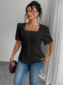 SHEIN Clasi 大码女式夏季方领单排扣短款泡泡袖衬衫 - 黑色 - 查看 5