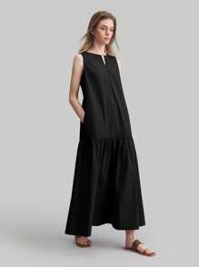 Ontre Vestido sin mangas negro con cuello redondo y corte campana, elegante y casual para primavera y verano, modelo 2026 nuevo. Vestido largo sin mangas de unicolor, estilo urbano y chic, para damas