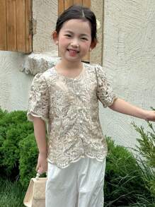 DAZY 女童圆领短袖刺绣T恤，夏季 - 卡其色 - 查看 4