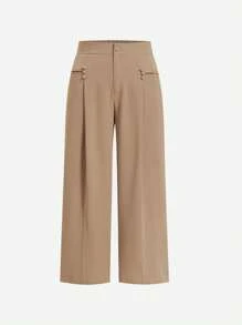 Modelyn Pantalones casuales de pierna ancha de unicolor talla grande, aptos para uso en el trabajo y uso diario en verano - Caqui - Ver 2