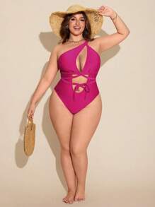 Swim SXY Plus Size Solid Color One-Piece Hollow Out Swimsuit, Suitable For Summer Vacation And Beach - Multicolor - View 3