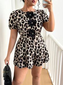 Elenzga Große Größen Sommer Blumen Dekor Leopard Muster Kurzarm Jumpsuit