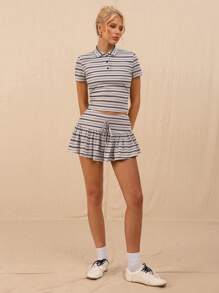 SHEIN Forever 21 女士休闲条纹荷叶边下摆半身裙，夏季 - 黑色 - 查看 3