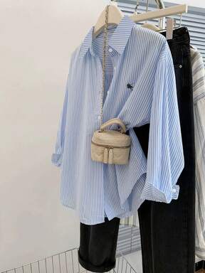 Glimmora Camisa casual de manga larga con botones delanteros, estampado de rayas y bordado para mujer