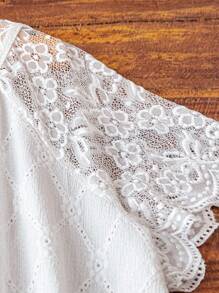 Linhara Áo thun tay lỡ Raglan họa tiết ren chắp vá cỡ lớn cho nữ - trắng - Xem 5