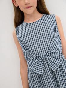 SHEIN Robe décontractée simple et confortable avec col rond, sans manches, nœud papillon et volant à l'ourlet, pour préadolescentes - Bleu azur - Voir 3