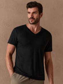 HIMLAND Men Solid V Neck Tee, Summer - Black - View 1