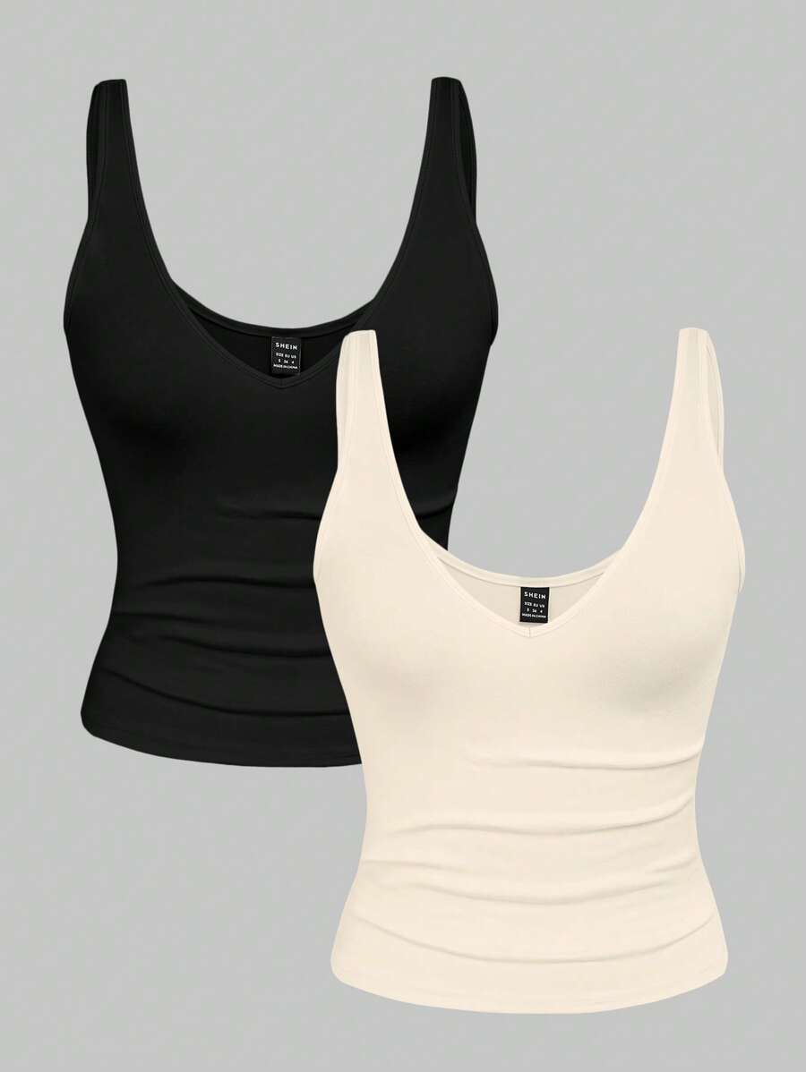 INAWLY 2pcs Summer Leopard Print & Solid Color V-Neck Fitted Cropped Tank Tops For Women , Basic Tops - Multicolor - View 1