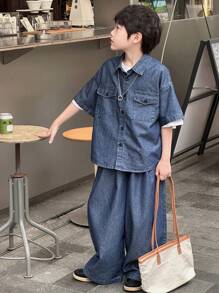 DAZY Chłopcy Tween Washed Loose Shirt Tee & Wide Leg Casual Jeans Pants Outfit Na Lato, Ubrania Z Powrotem Do Szkoły - Średni jeans - Zobacz 6