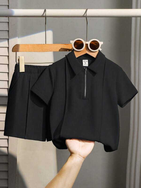 2 Stücke/Set Jungen lässiges, lose sitzendes Poloshirt mit Umlegekragen in Feinstrick Einfarbig und Shorts Set, geeignet für Kinderoutfits, Rückkehr zur Schule, Geburtstagsfeiern, Abendveranstaltungen, Aufführungen, Hochzeiten, Taufen, Schulabschlüsse, Alltagskleidung, Schule, Reisen, Sport, Mittlerer Osten Stile, Frühling, Sommer