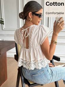 Serisse Women's Casual Striped Lace Patchwork Blouse, Summer - Apricot - View 1