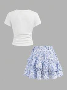 SHEIN Girlism Tween Girls' Leisure Holiday Round Neck Short Sleeve Solid Color Ruched Fitted Short T-Shirt Top With Hair Tie, Floral Print Asymmetric Hem A-Line Skirt 2-Piece Set