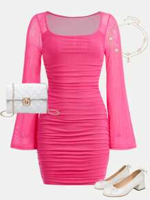 SHEIN Girlism Vestido de punto casual con cuello de tripulación, mangas acampanadas y pliegues de tul para niña adolescente