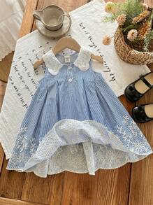 SHEIN LMoss Kids Babygirl Cute Casual Summer Striped Embroidered Peter Pan Collar Dress - Blue and White - View 6