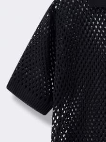 SHEIN 青少年男孩休闲纯色纹理 Polo 领短袖针织衬衫，百搭舒适，适合通勤、上学、日常生活、度假、运动、春夏季 - 黑色 - 查看 7