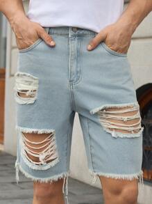 Manfinity VCAY Short en jean déchiré et effiloché décontracté pour homme - Bleu azur - Voir 6