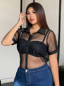 Dazy Plus 透明网眼带领短袖黑色夏季衬衫 - 黑色 - 查看 6