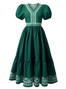 SHEIN Explorewe Tween Girl Puff Sleeve Ruffle Hem Printed A-Line Dress - Dark Green - View 3