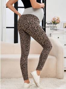 SHEIN Maternity Leopard Print Elastic Waist Adjustable Skinny Jeans - Dark Wash - View 8