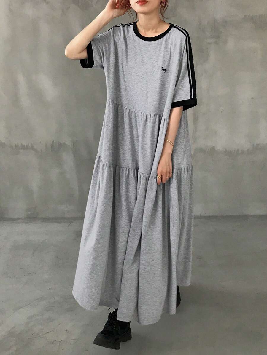 FRIFUL Women Colorblock Long Dress With Delicate Embroidery, Casual/Sports Style, Summer - Grey - View 1