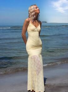 SHEIN ICON Summer Beach Hawaiian Sexy Going Out Yellow Elegant Lace Dress With Spaghetti Straps, Summer - Yellow - View 4
