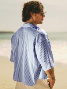 HIMLAND Camicia casuale blu a righe, slim fit, a maniche corte, in tessuto lavorato, da uomo