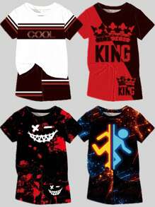 Boys Letter & Graphic Print Contrast Color Short Sleeve T-Shirt And Shorts Set - Black - View 1