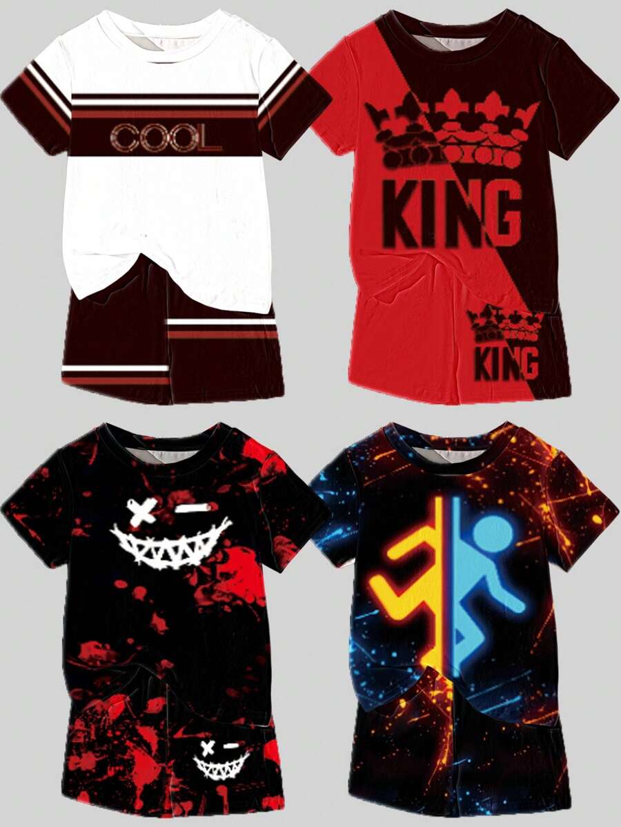 Boys Letter & Graphic Print Contrast Color Short Sleeve T-Shirt And Shorts Set - Black - View 1