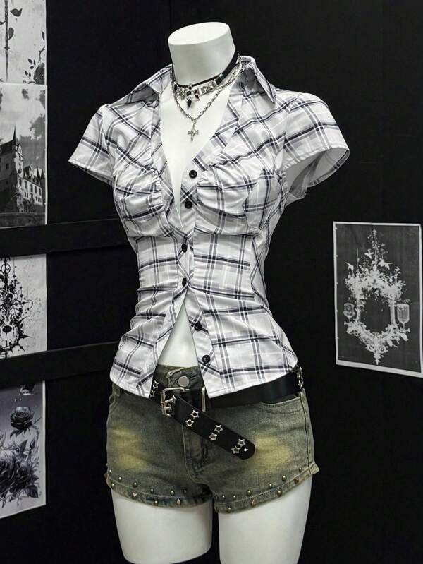 EgrlEra Bluză de damă cu mânecă scurtă, plisată și volane, în carouri, model patchwork, de vară