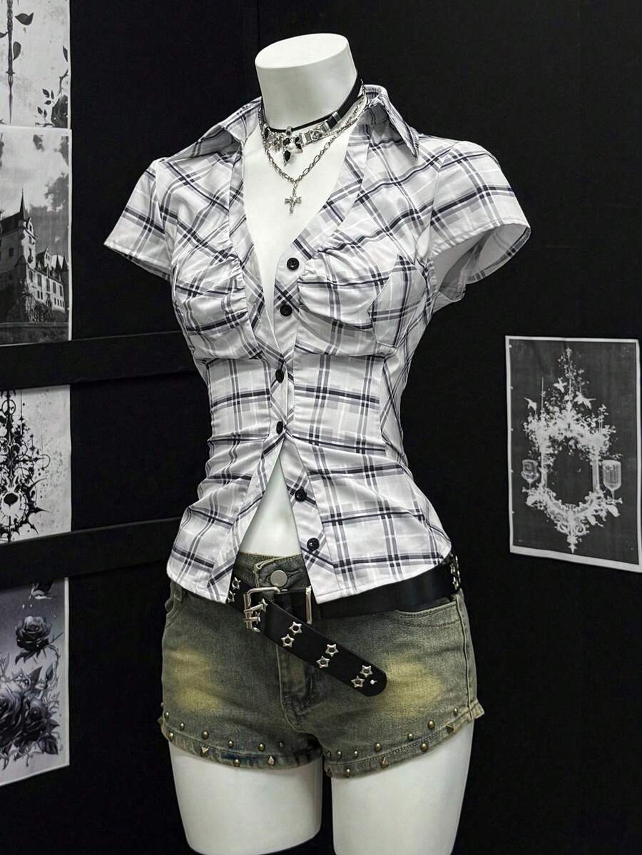 EgrlEra Damen plissierte Rüschen Puffärmel Bluse mit Karomuster Patchwork, Sommerzeit - Schwarz und Weiss - Übersicht 1