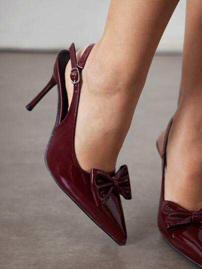 ROMWE Avant Sexy And Elegant Pointed Toe Stilettos With Metallic Buckle Strap, Burgundy Color, Suitable For Wedding And Party, Mother's Day Bow